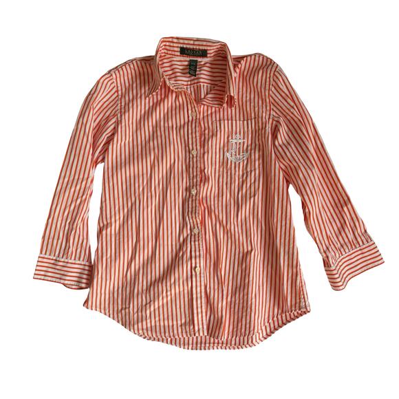 Lauren Ralph Lauren Striped Shirt P/S Orange White Anchor Crest Nautical Preppy - Picture 1 of 9